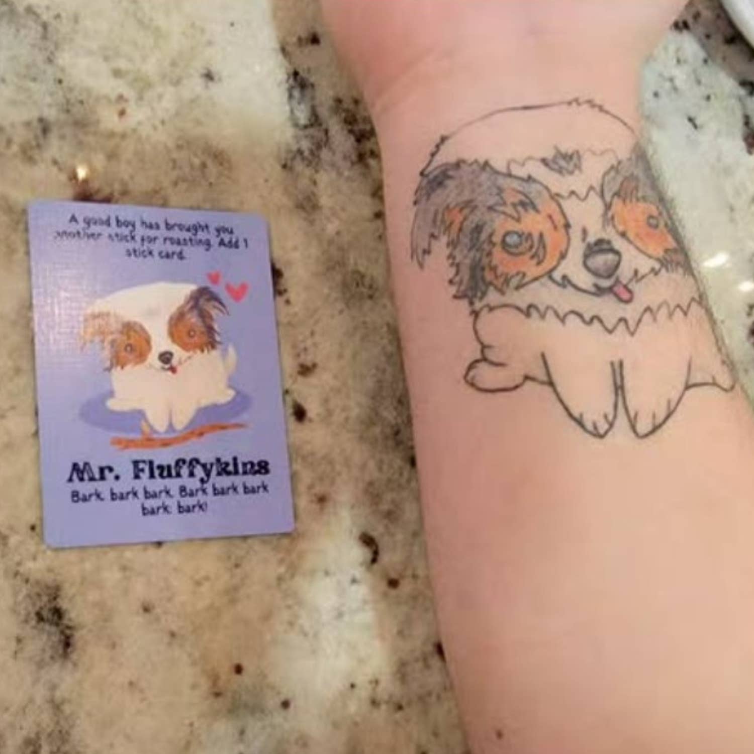 Mr. Fluffykins cartoon dog tattoo from Roast: A Game of Sinister Sweetness and Cozy Betrayal card game.