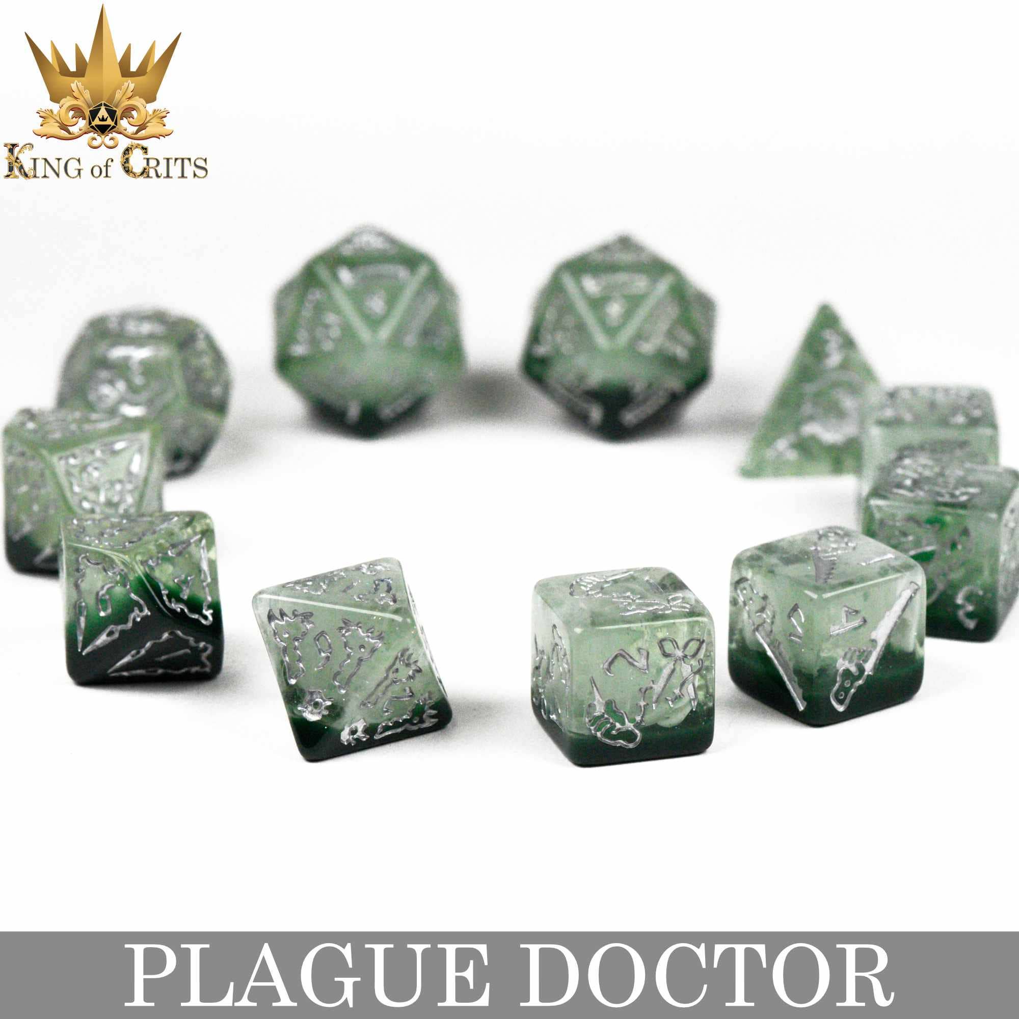 The Plague Doctor 11-piece dice set in green and silver for DND.