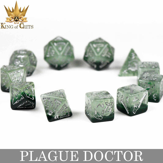 The Plague Doctor 11-piece dice set in green and silver for DND.