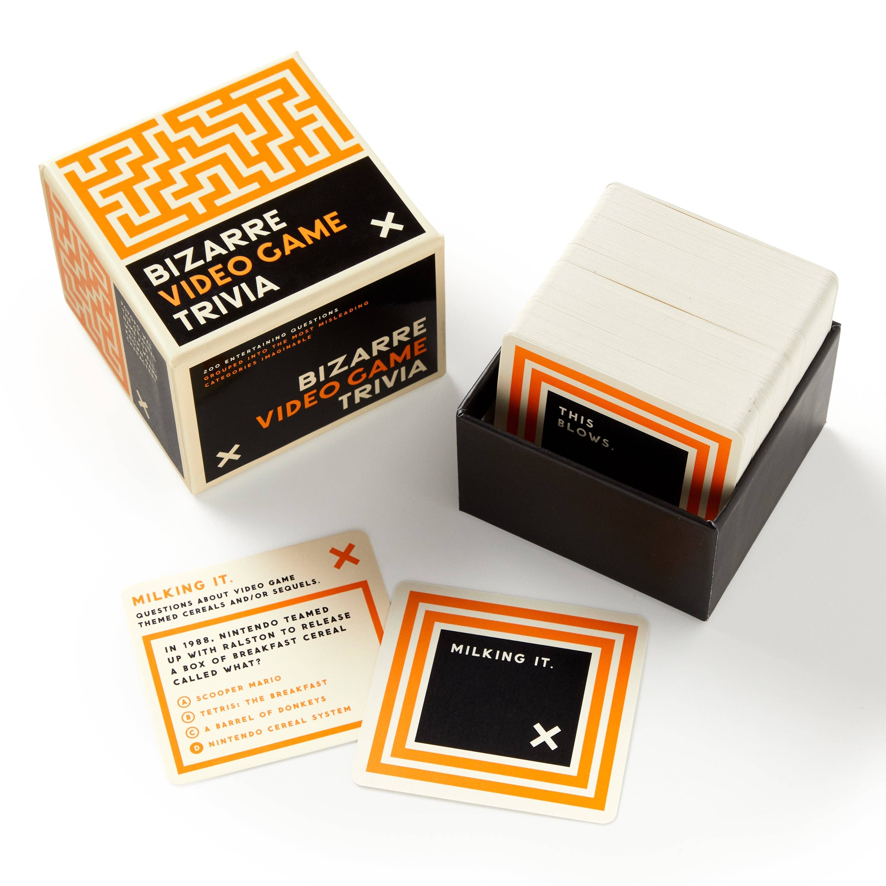 Brass Monkey Bizarre Video Game Trivia box and stack of cards with video game trivia questions.