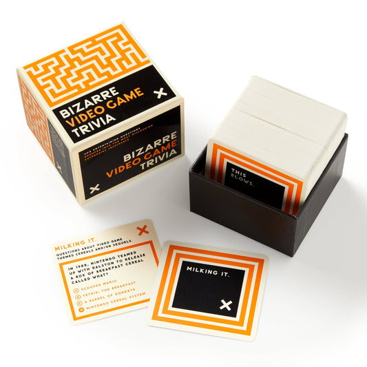 Brass Monkey Bizarre Video Game Trivia box and stack of cards with video game trivia questions.