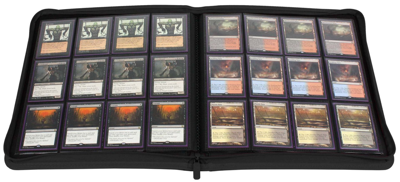 Z-Folio 12-Pocket LX Album open to two pages, displaying Magic: The Gathering cards in protective sleeves.
