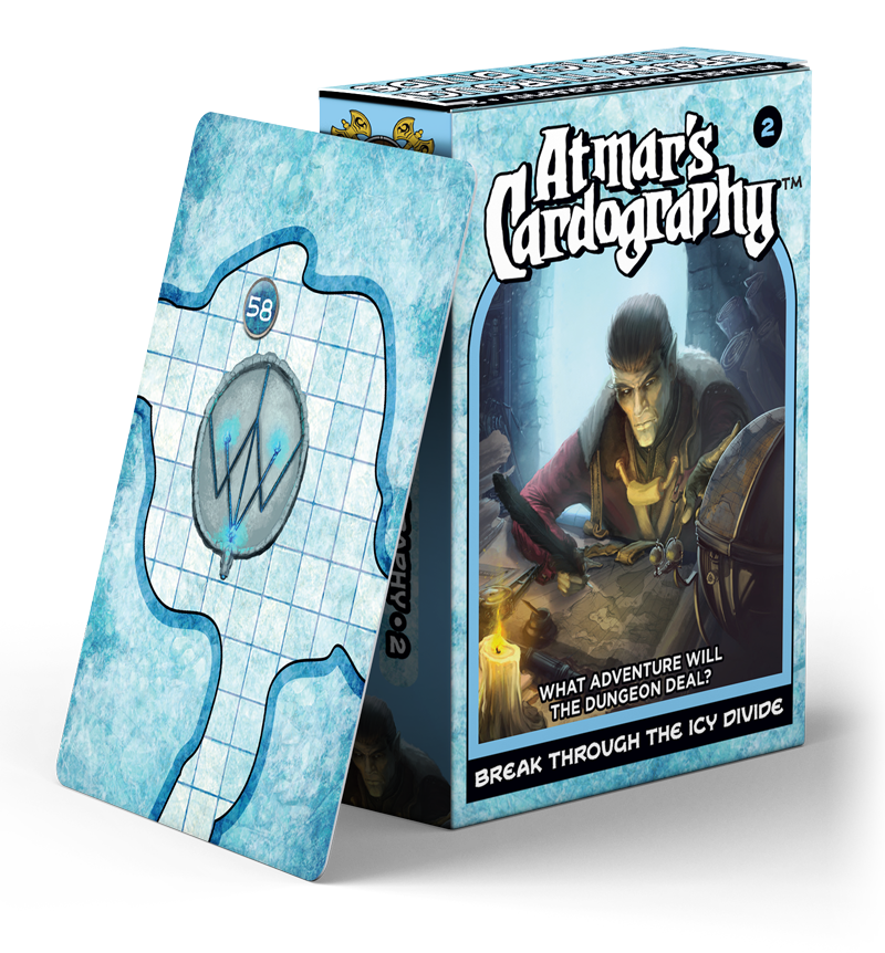 Cardography - Breakthrough the Icy Divide game box with dungeon cards and an icy dungeon map.