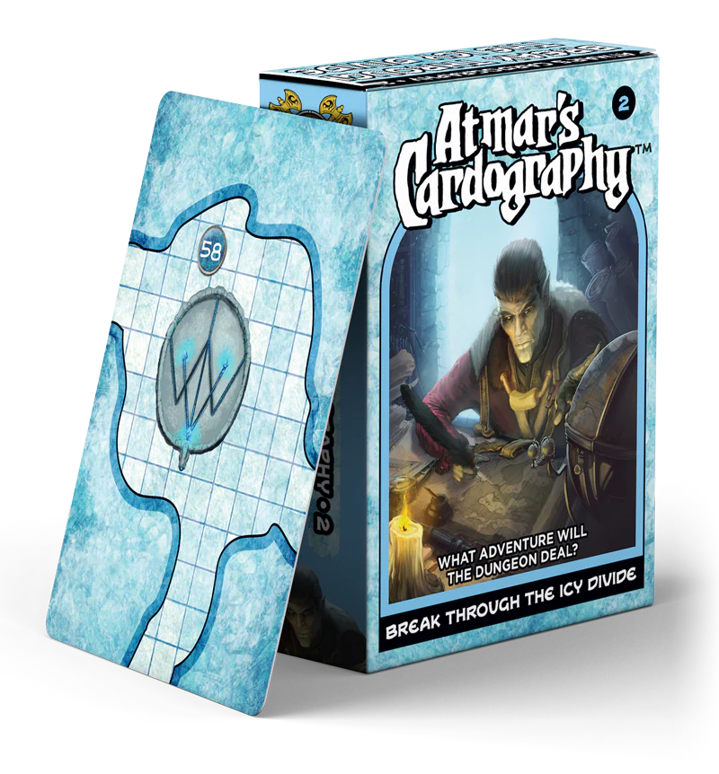 Cardography - Breakthrough the Icy Divide card and box with map art and a character at a desk.