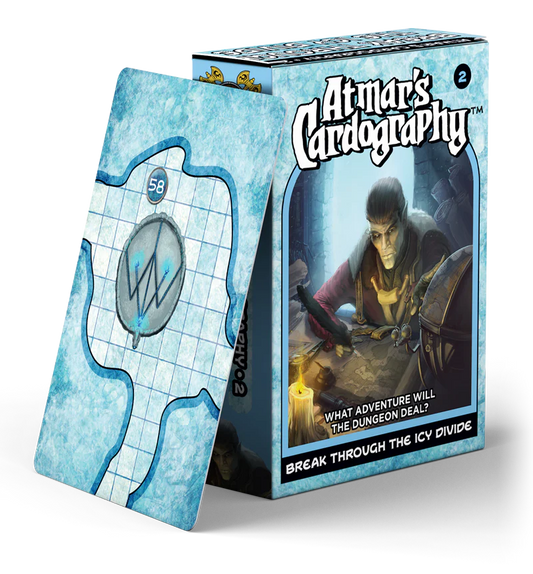 Cardography - Breakthrough the Icy Divide card and box with map art and a character at a desk.