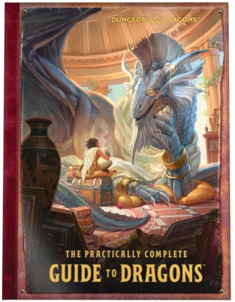 The Practically Complete Guide to Dragons (D&D Illustrated Book) showing a blue dragon and a person writing.