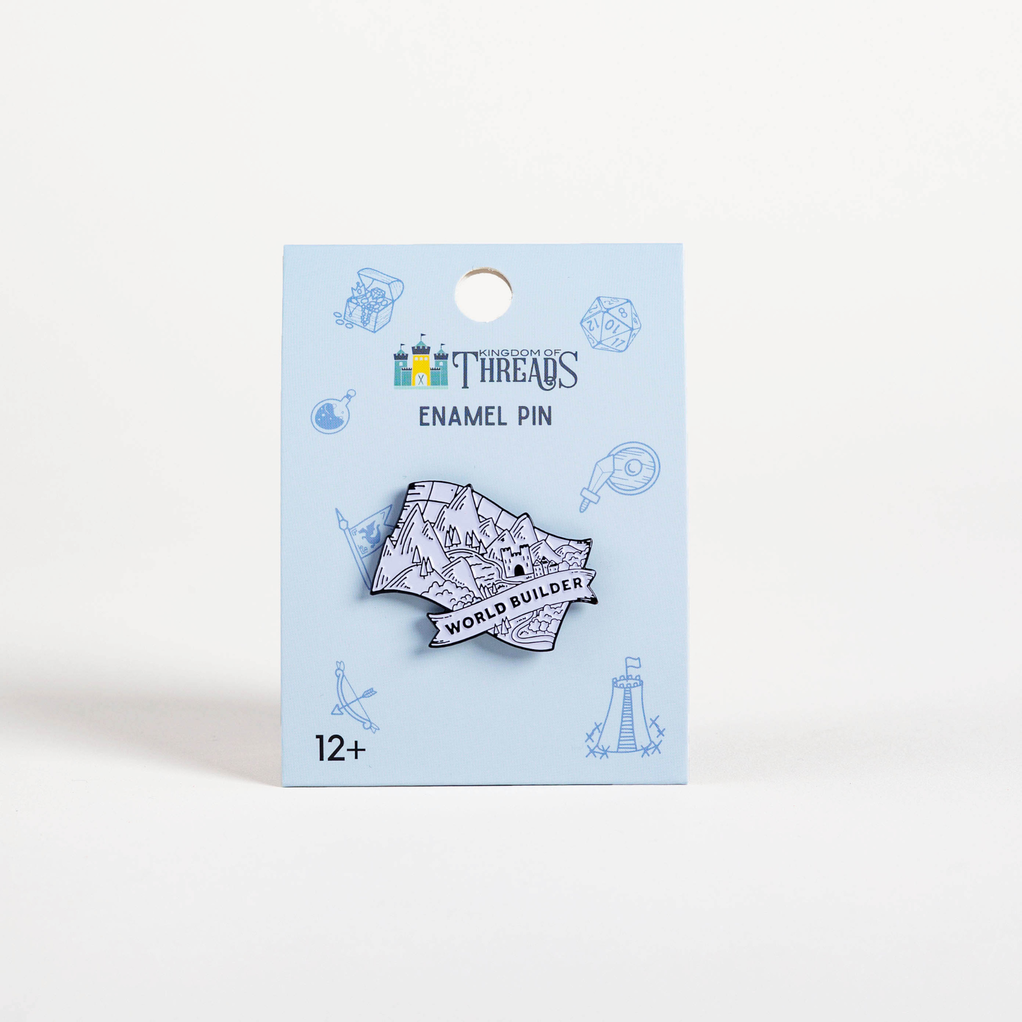 World Builder Black & White Enamel Pin with mountain, castle, and World Builder lettering.