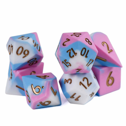 Chonky Bubblegum Oversize silicone DND 7-piece dice set in pink, blue, and white with gold numbers.