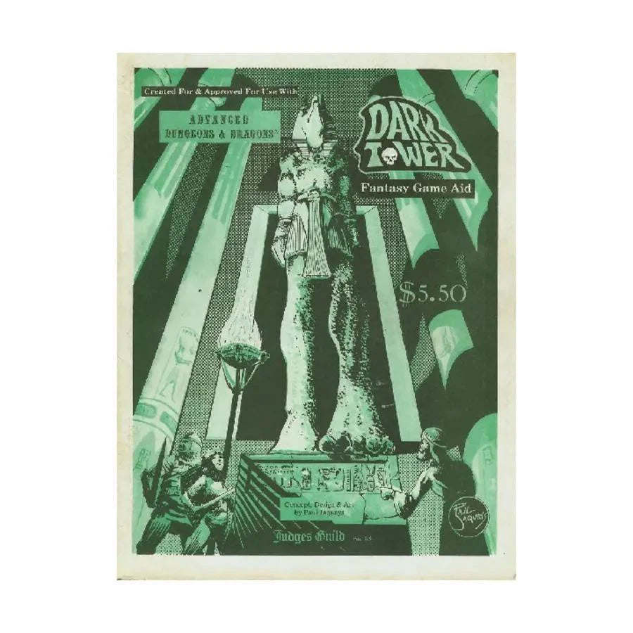 Dark Tower dungeon module with a green cover featuring a giant statue and beams of light.