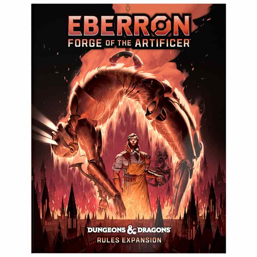 Eberron: Forge of the Artificer alternate art cover featuring a steampunk figure with a fiery mechanical arm.