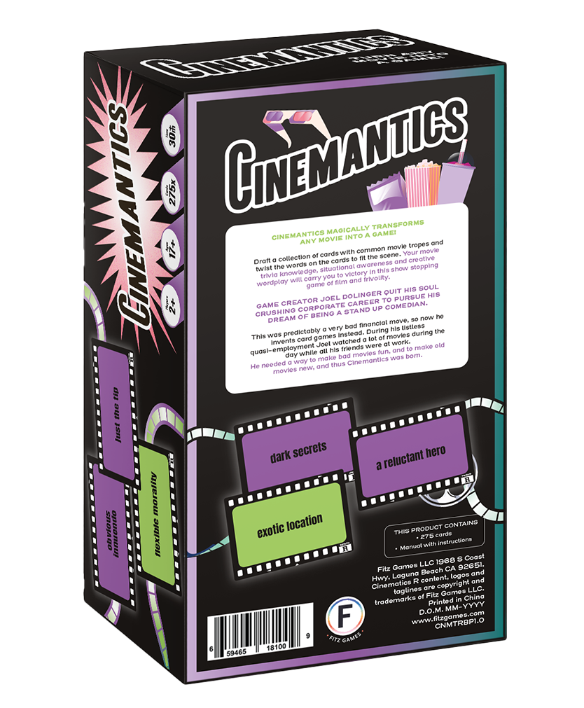 Back of Cinemantics (R) raunchy movie night card game box with filmstrip graphics.