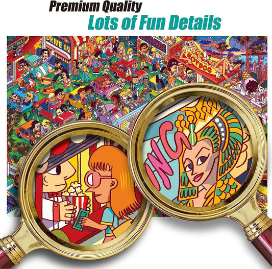 Drive In Movie 1000 Piece Puzzle featuring a colorful illustrated scene with magnified detail highlights.