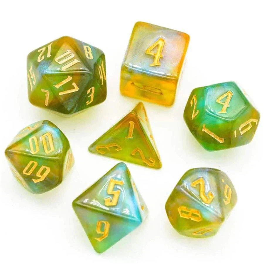 Green and Gold Spell Casting Dice Set - XLarge, 7 polyhedral dice for tabletop gaming.