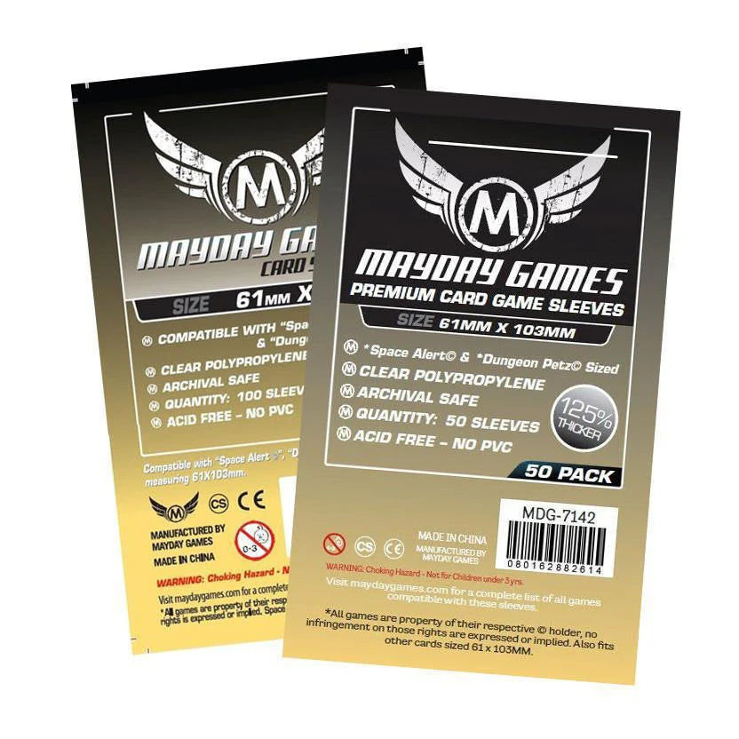 Two packs of Mayday Games 61mm x 103mm 50-count card sleeves, archival safe, in black and gold packaging.