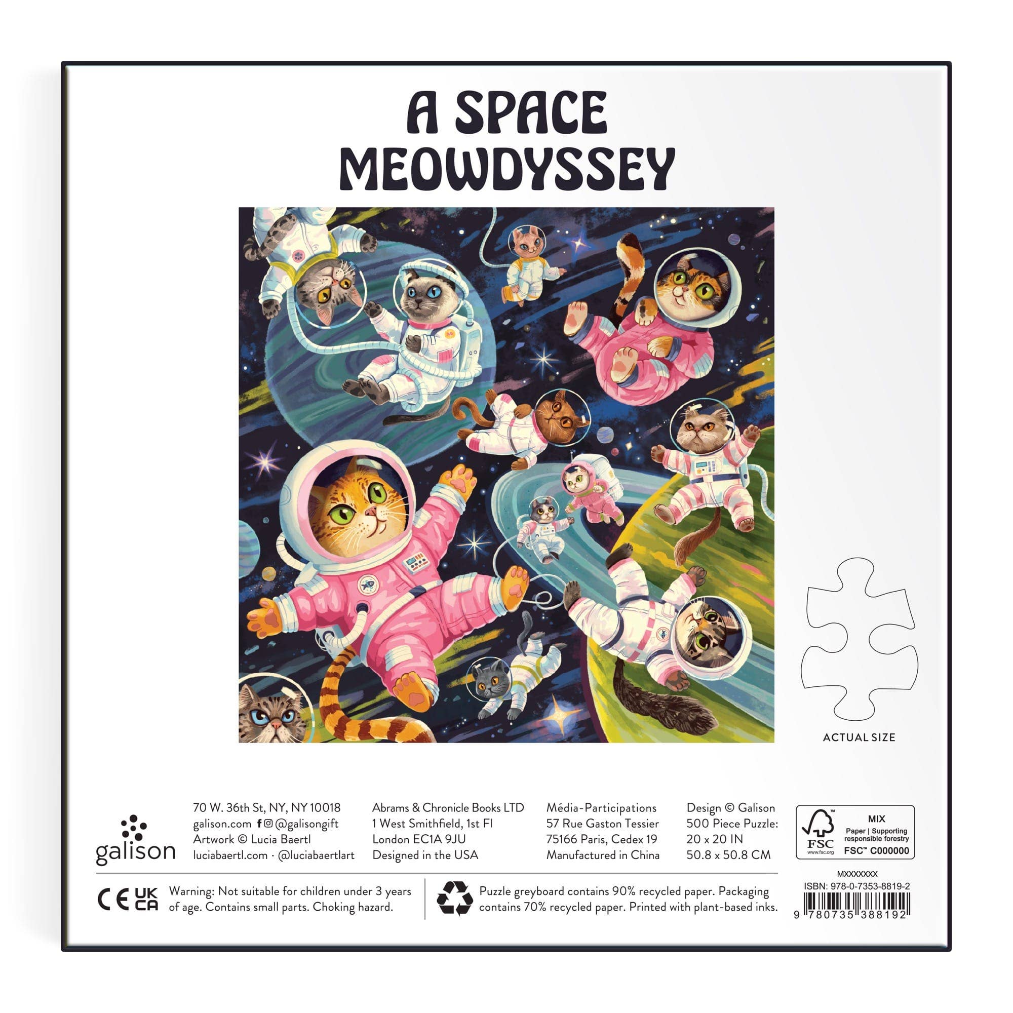 A Space Meowdyssey 500 Piece Puzzle featuring cats in spacesuits floating among planets and stars.