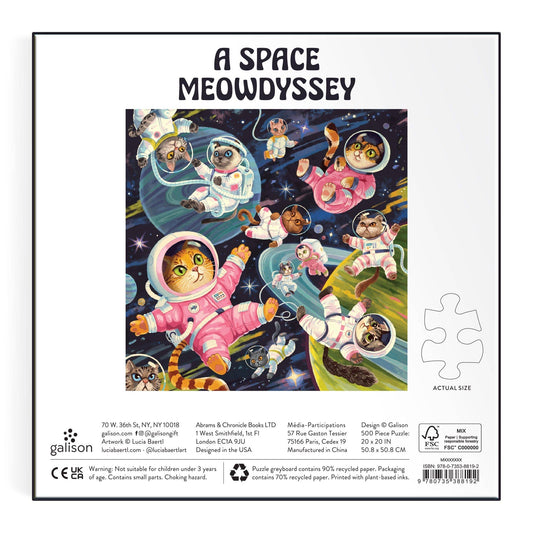A Space Meowdyssey 500 Piece Puzzle featuring cats in spacesuits floating among planets and stars.