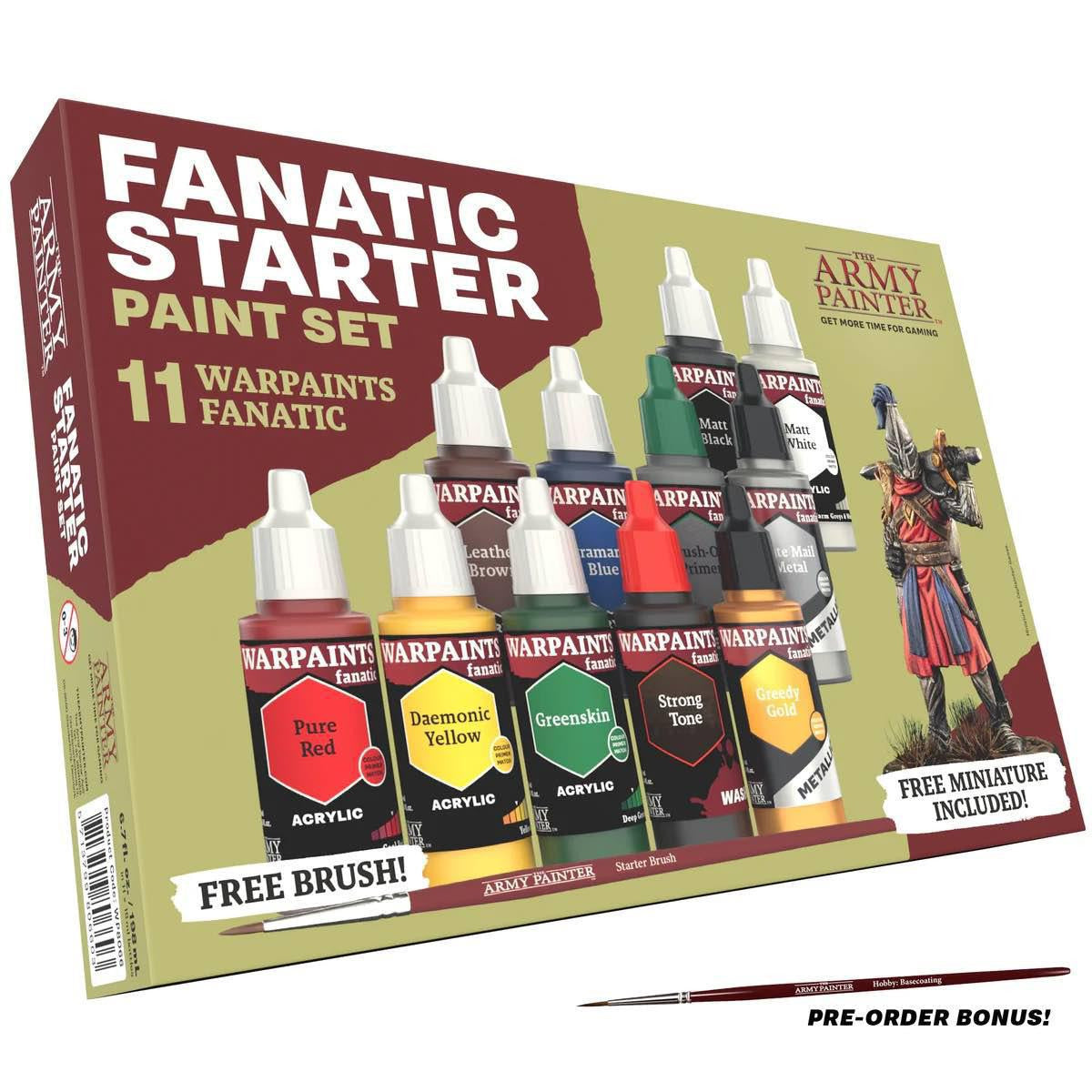 Warpaints Fanatic Starter Set with 11 paints, brush, and miniature for beginner miniature painting.