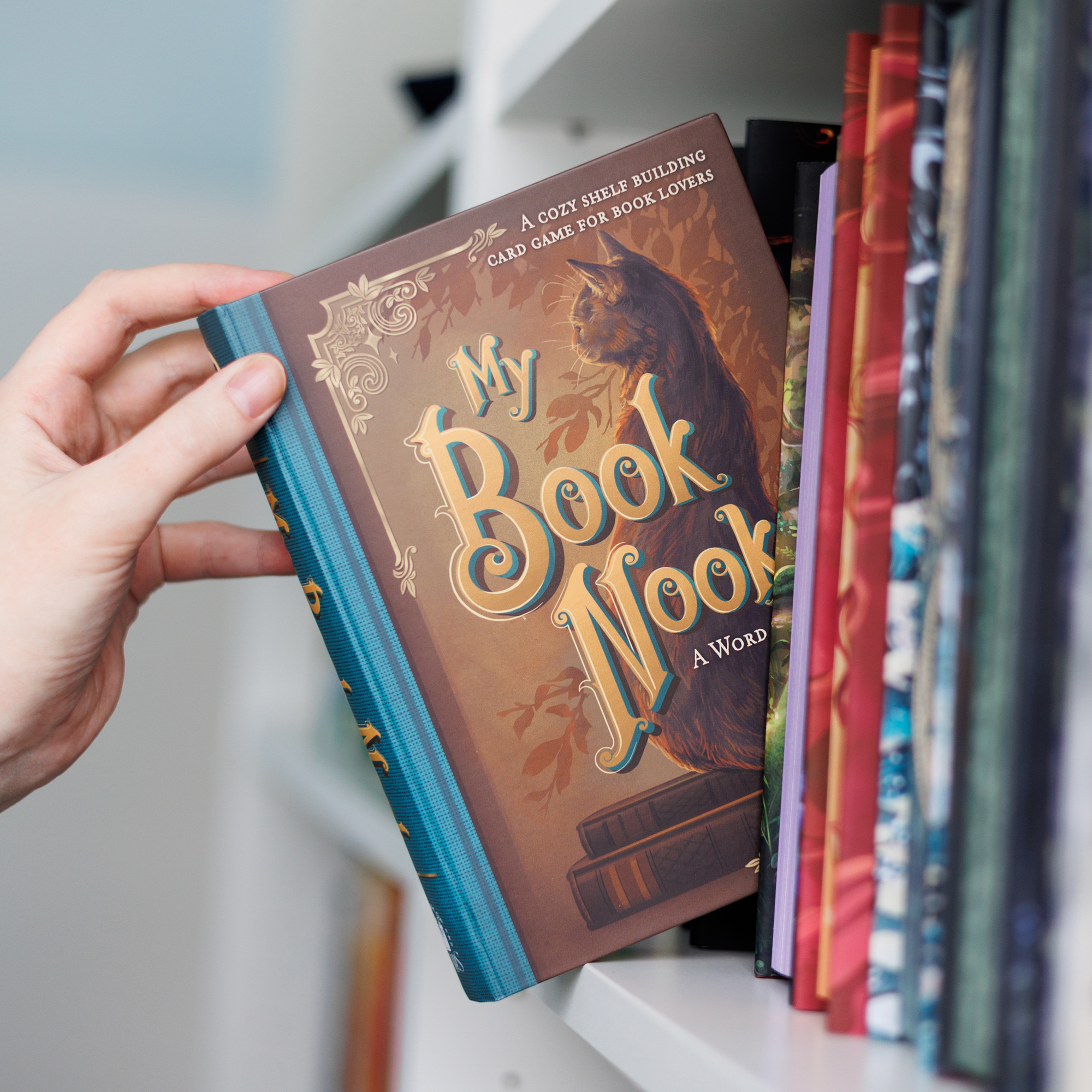 A hand removes the My Book Nook: A Cozy Word Building Game box from a bookshelf.