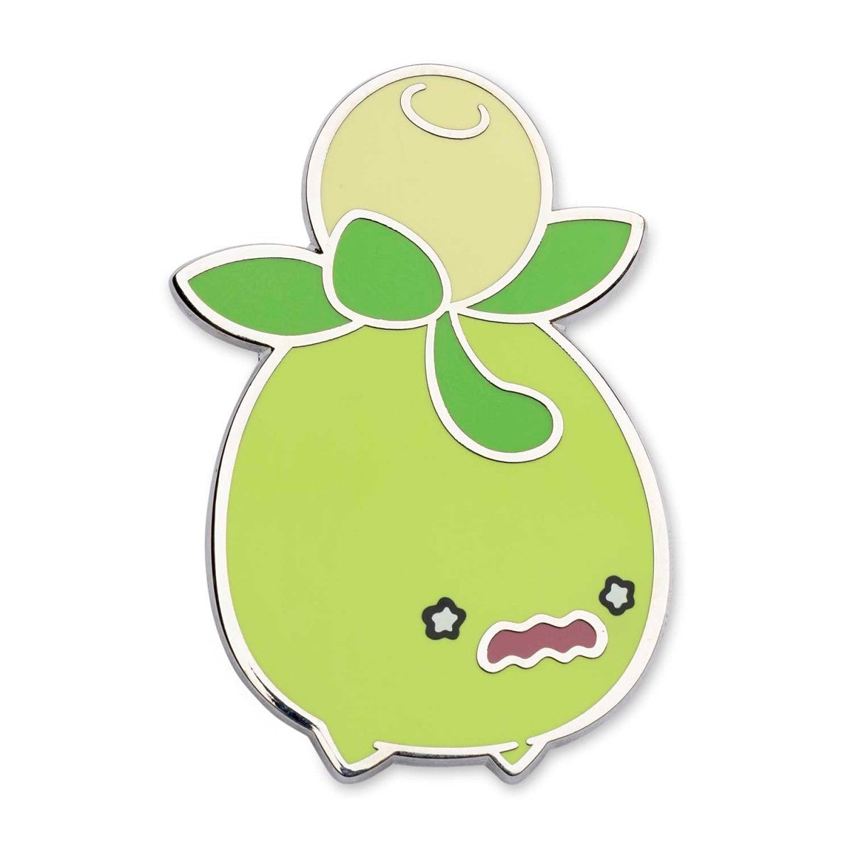 Smoliv enamel pin featuring a green fruit character with a worried face, starry eyes, and a large bud.
