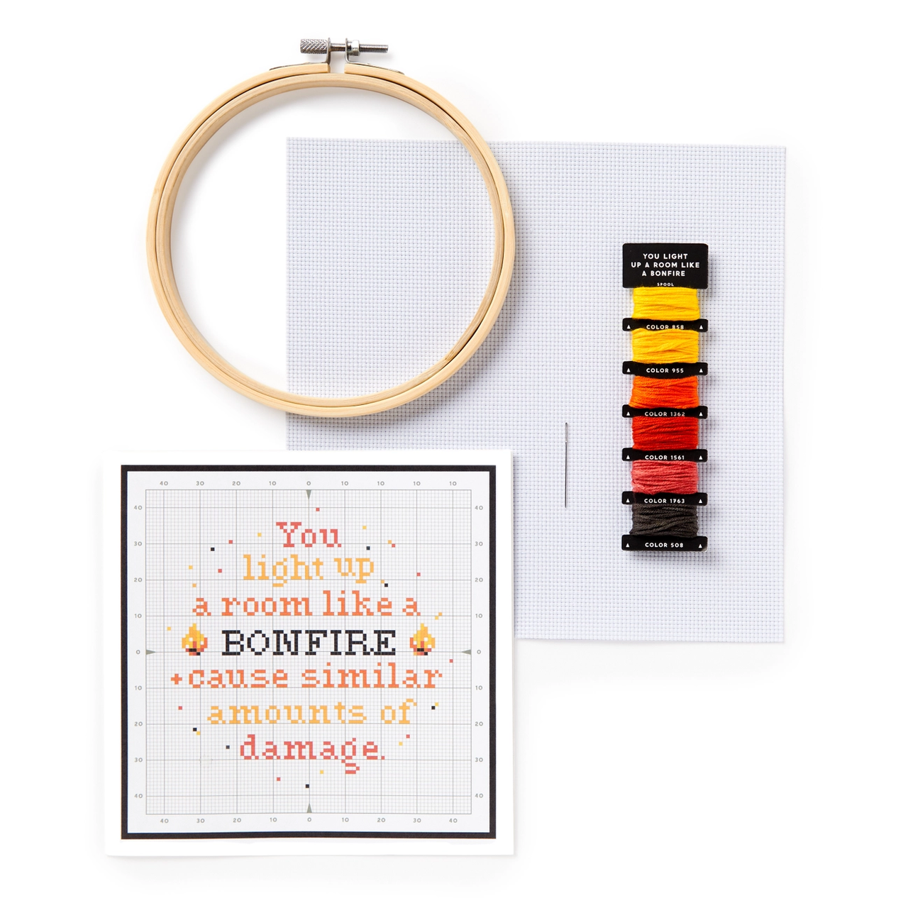 You Light Up A Room Cross Stitch Kit with hoop, thread, fabric, and pattern for beginners.