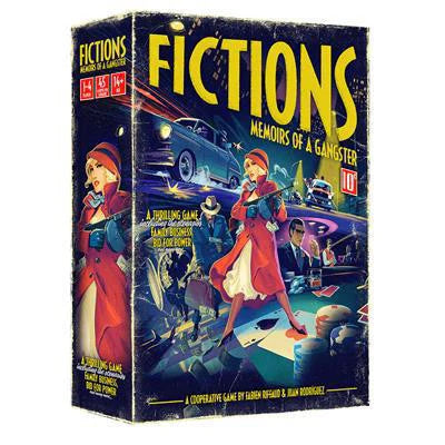 Fictions Memoirs of a Gangster board game box featuring a woman in red and 1940s crime scene artwork.