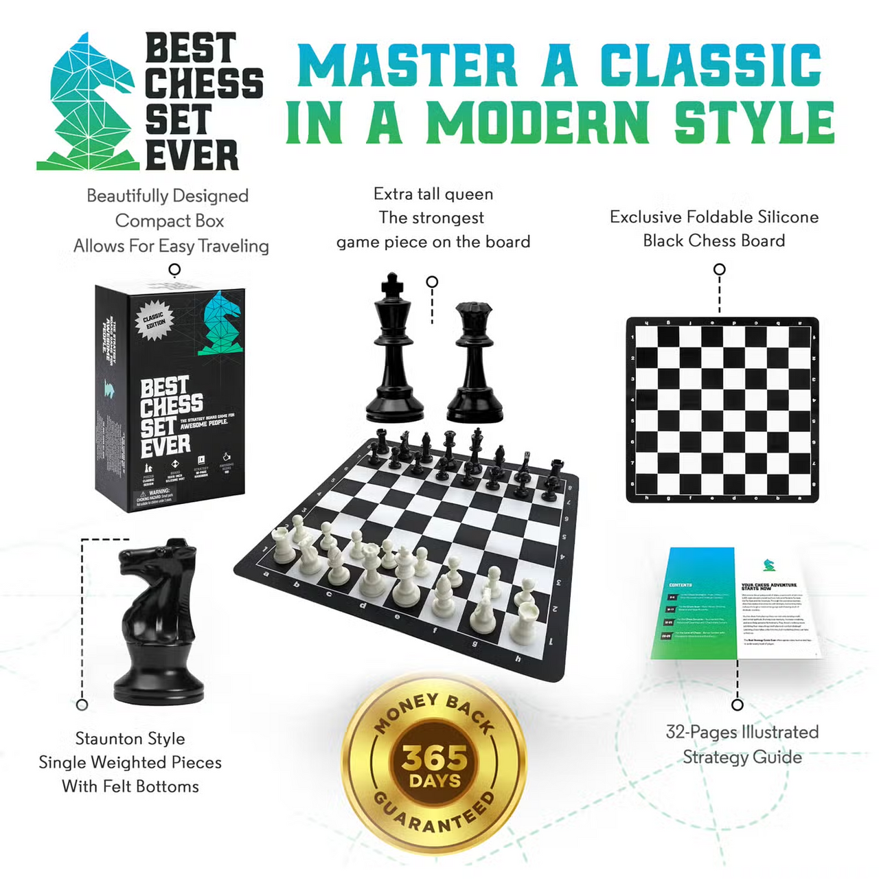 Travel Best Chess Set Ever with Staunton weighted pieces, foldable silicone board, strategy guide, and 1-year guarantee.