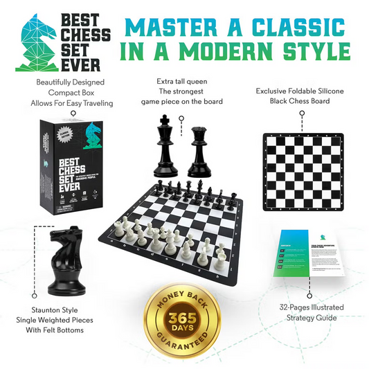 Travel Best Chess Set Ever with Staunton weighted pieces, foldable silicone board, strategy guide, and 1-year guarantee.