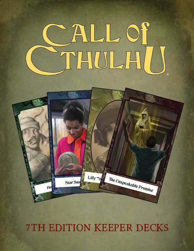 Four Call of Cthulhu 7E Keepers Decks displayed side by side.