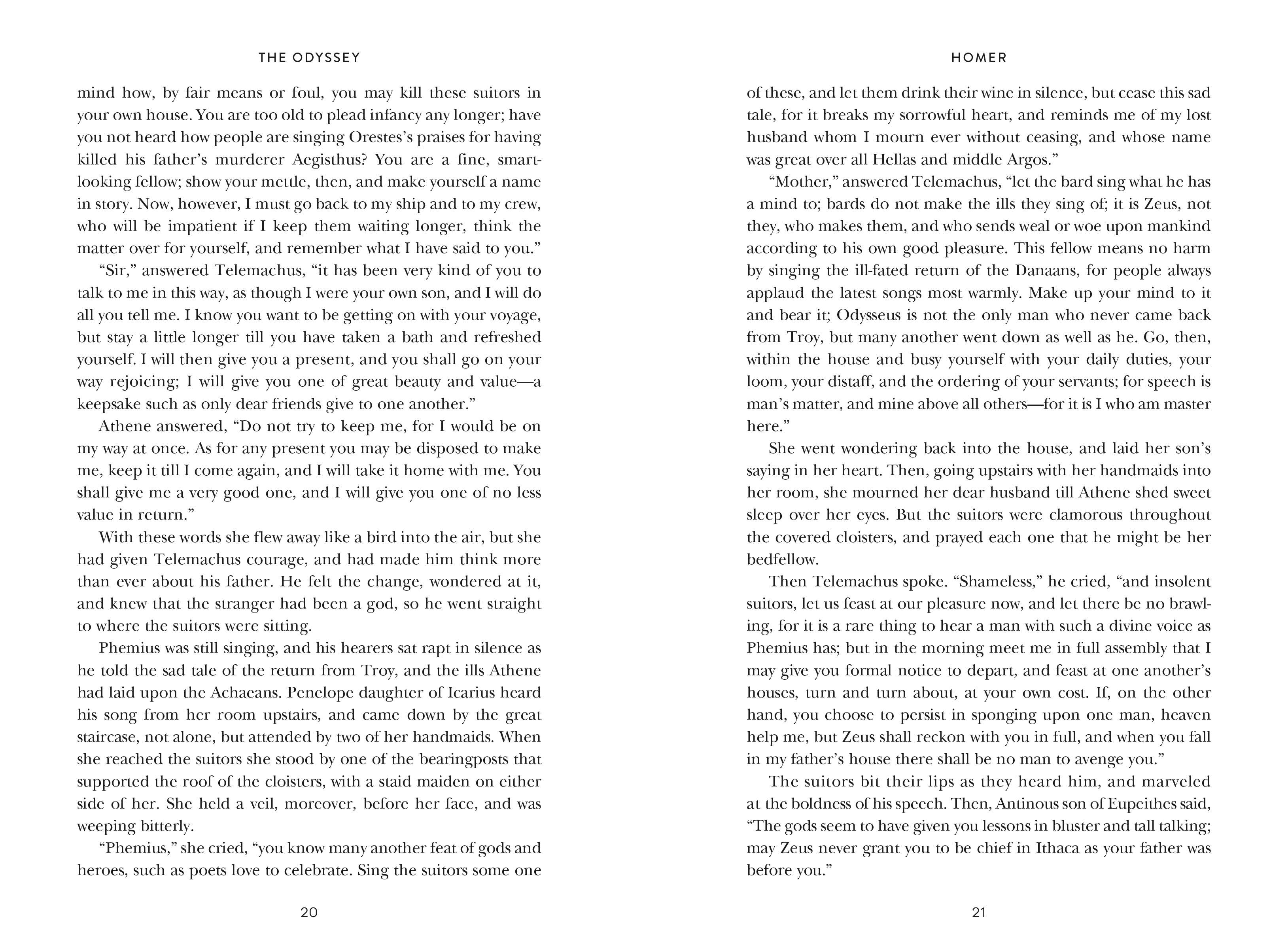 The Odyssey by Homer, Signature Clothbound Edition, showing two pages with bold black serif text on white paper.