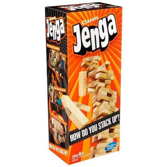 Jenga Original box with stacked wooden blocks.