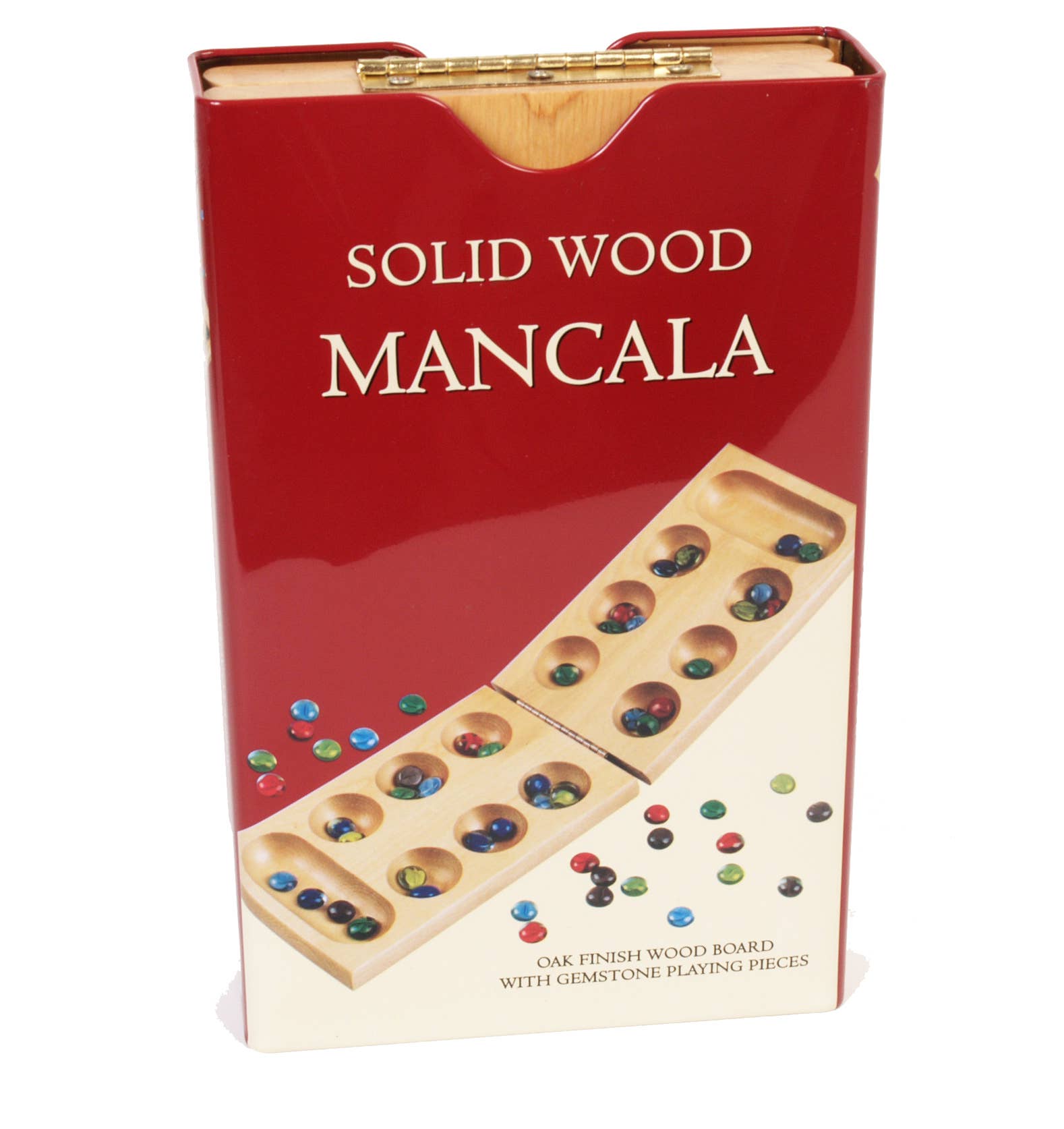 Wood Mancala strategy game in a red tin, includes glass beads and a wooden board.