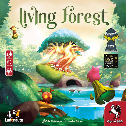 Living Forest game box with tree creature, plants, nature spirits, game title, and award icons visible.