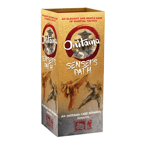Onitama: Senseis Path Expansion box featuring new move cards and martial artists, with red-tan pagoda design.