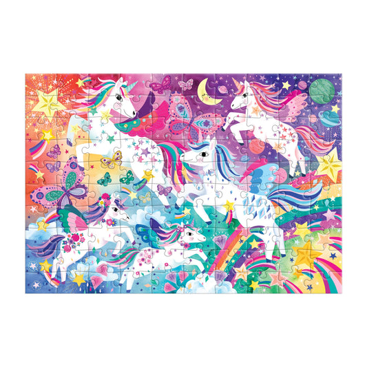 Unicorn Magic 100 Piece Puzzle featuring five unicorns among stars, clouds, and a rainbow.