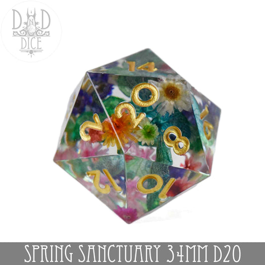 Spring Sanctuary 34mm D20 clear resin die with sharp edges, gold numbers, and colorful spring flowers inside.