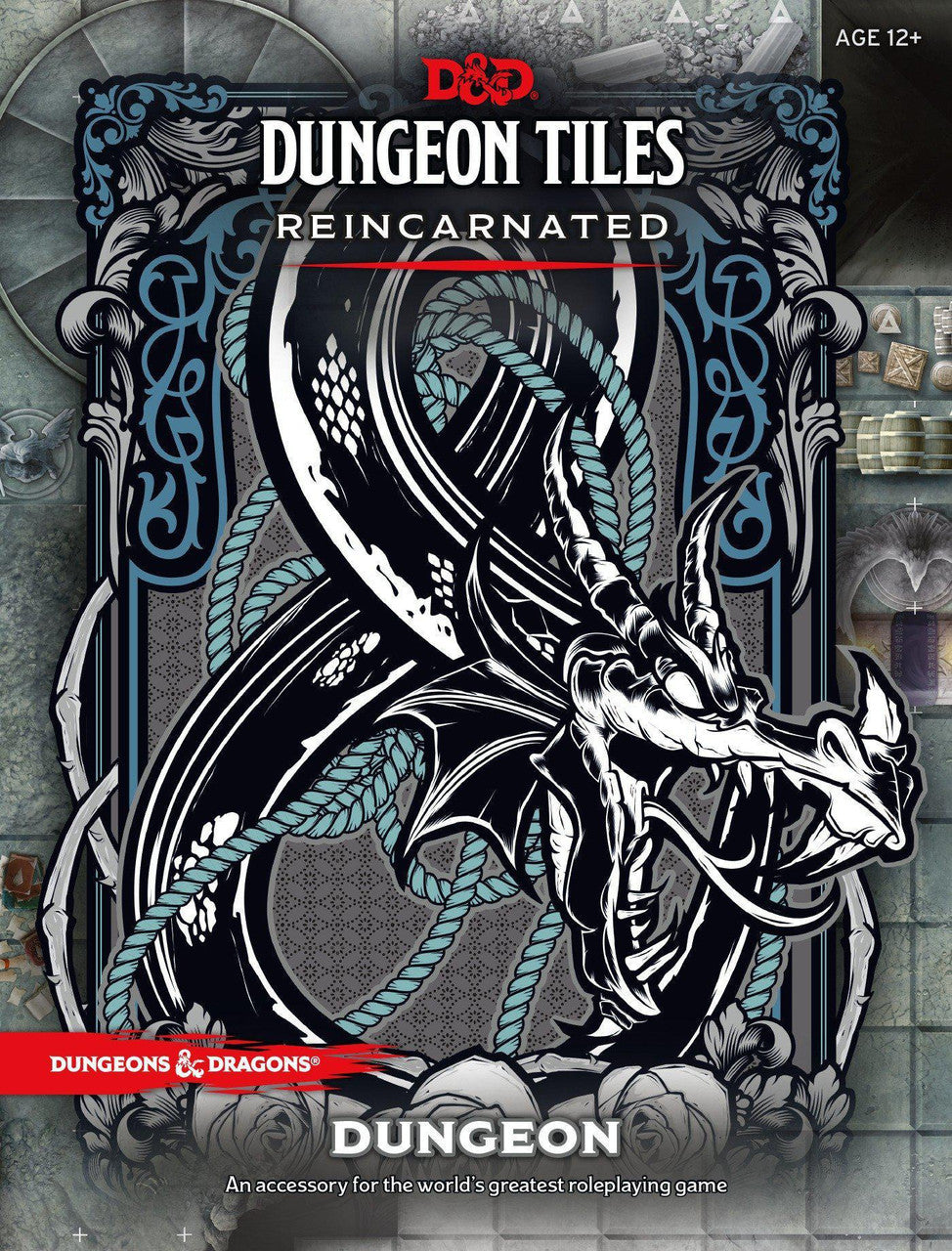 D&D Dungeon Tiles Reincarnated: Dungeon box featuring stylized dragon and dungeon-themed background.