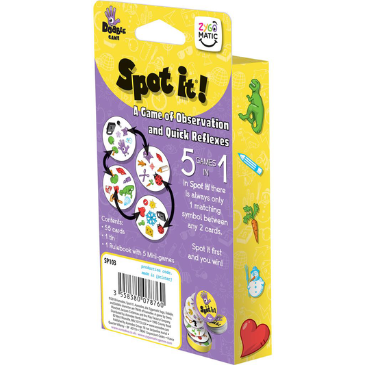 Spot It Classic (Eco) family game in a yellow box with icon cards and “5 games in 1” on the front.
