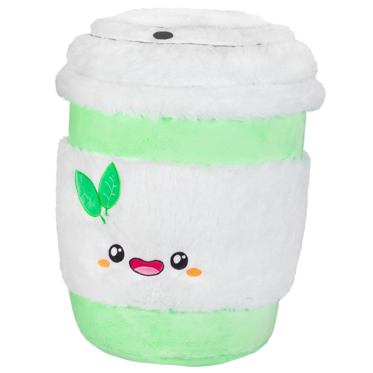 Plush toy shaped like a green and white Japanese matcha tea cup with a smiling face and matcha leaves.