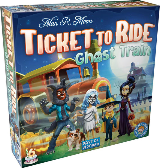 Ticket to Ride: Ghost Train board game box featuring spooky characters, haunted train, and full moon.