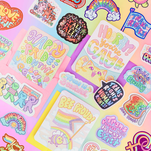 Y’all Means All LGBTQ Cowboy Queer vinyl sticker on a pastel rainbow background.