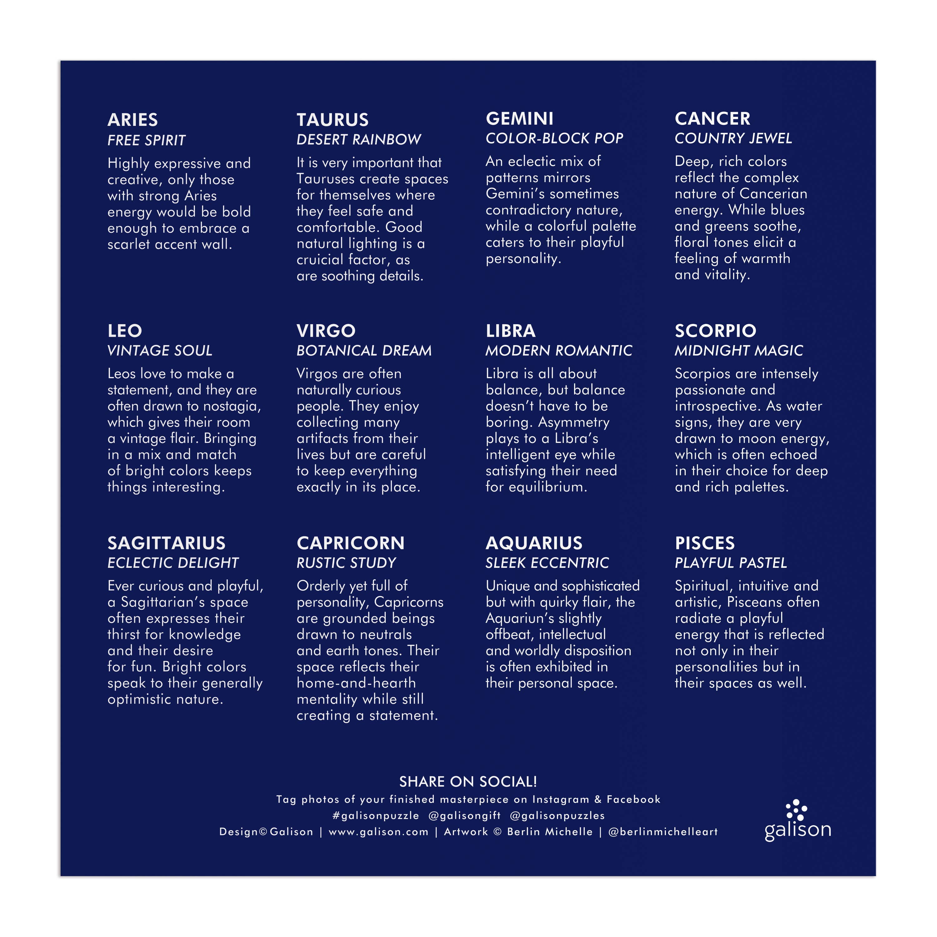House of Astrology 500 Piece Foil Puzzle featuring a zodiac grid with gold foil accents and sign traits.