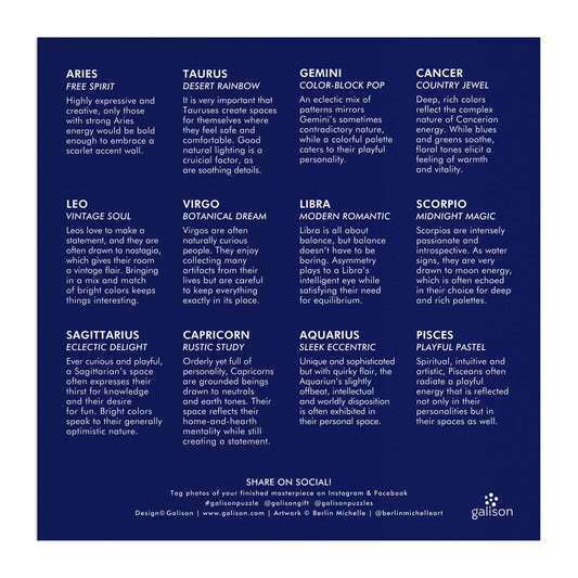 House of Astrology 500 Piece Foil Puzzle featuring a zodiac grid with gold foil accents and sign traits.