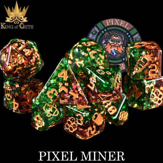Pixel Miner 11 dice set, green and gold glitter with pixel numbers.