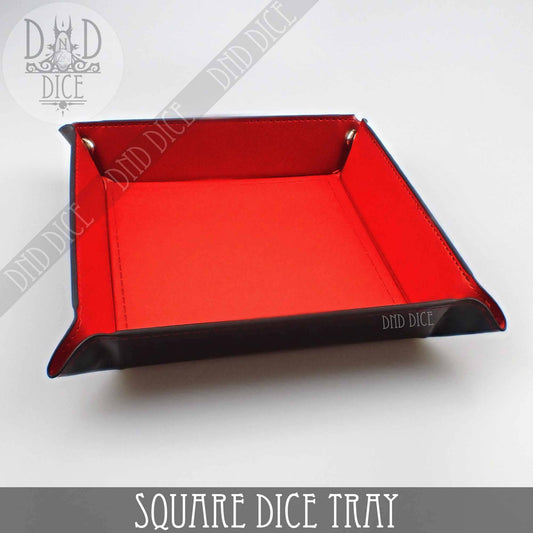 Red and black artificial leather square dice tray with metal snaps and 8.5 rolling area.