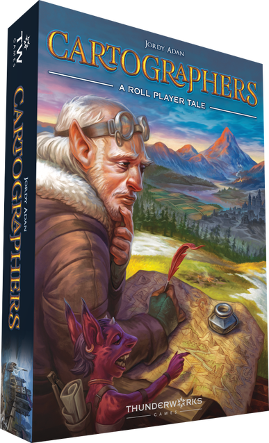 Cartographers box cover showing an elf mapping and a goblin with a quill.