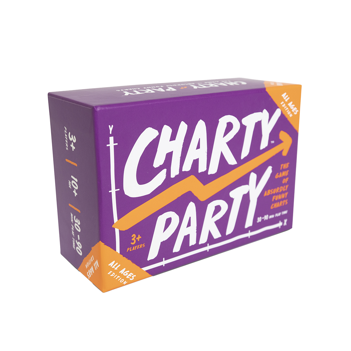 Purple box of Charty Party: All Ages Edition, a game for 3 or more players featuring humorous charts.