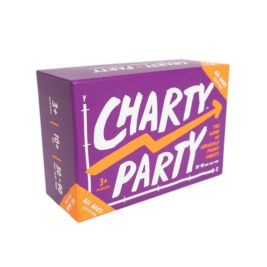 Purple box of Charty Party: All Ages Edition, a game for 3 or more players featuring humorous charts.