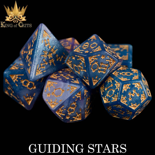 Guiding Stars 7 Dice Set, blue and gold celestial-themed dice, includes constellation designs for DND.