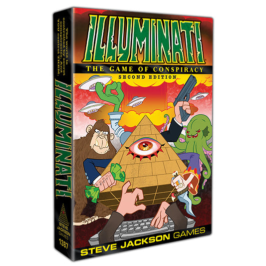 Illuminati 2nd Edition game box cover with a pyramid, UFOs, and cartoon characters.