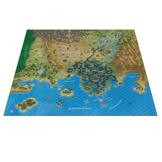 Land of Eem Map Gameboard with illustrated forests, mountains, rivers, islands, and labeled regions.